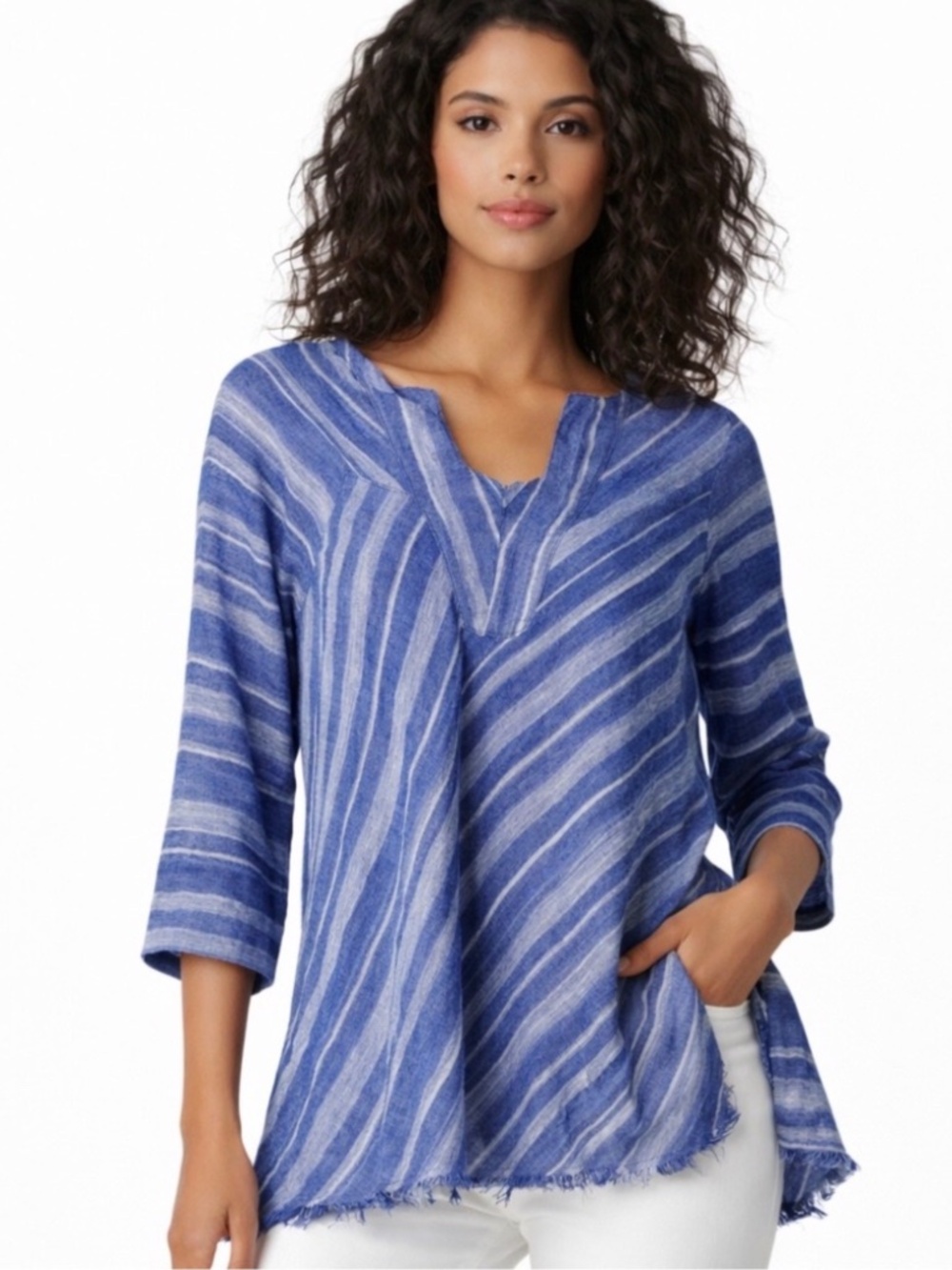Nic+Zoe Women Linen Blend Tunic Top Blue Stripe Frayed Hem XL Boho Coastal